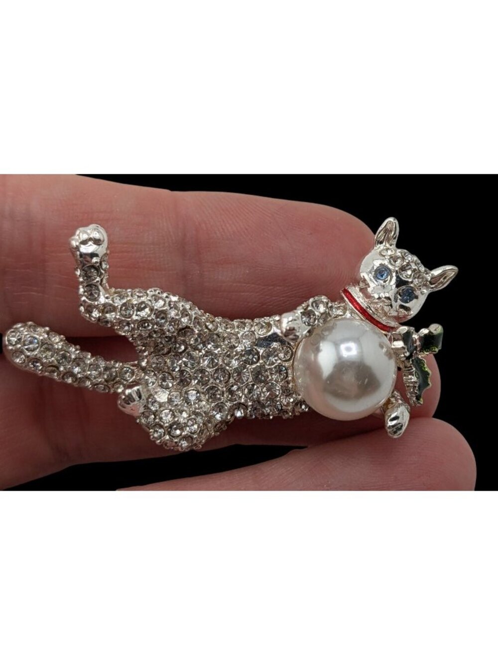 Pet Friends Cat Brooch Silver Rhinestone Faux Pearl Kitty Pin Glam Animal Jewelr